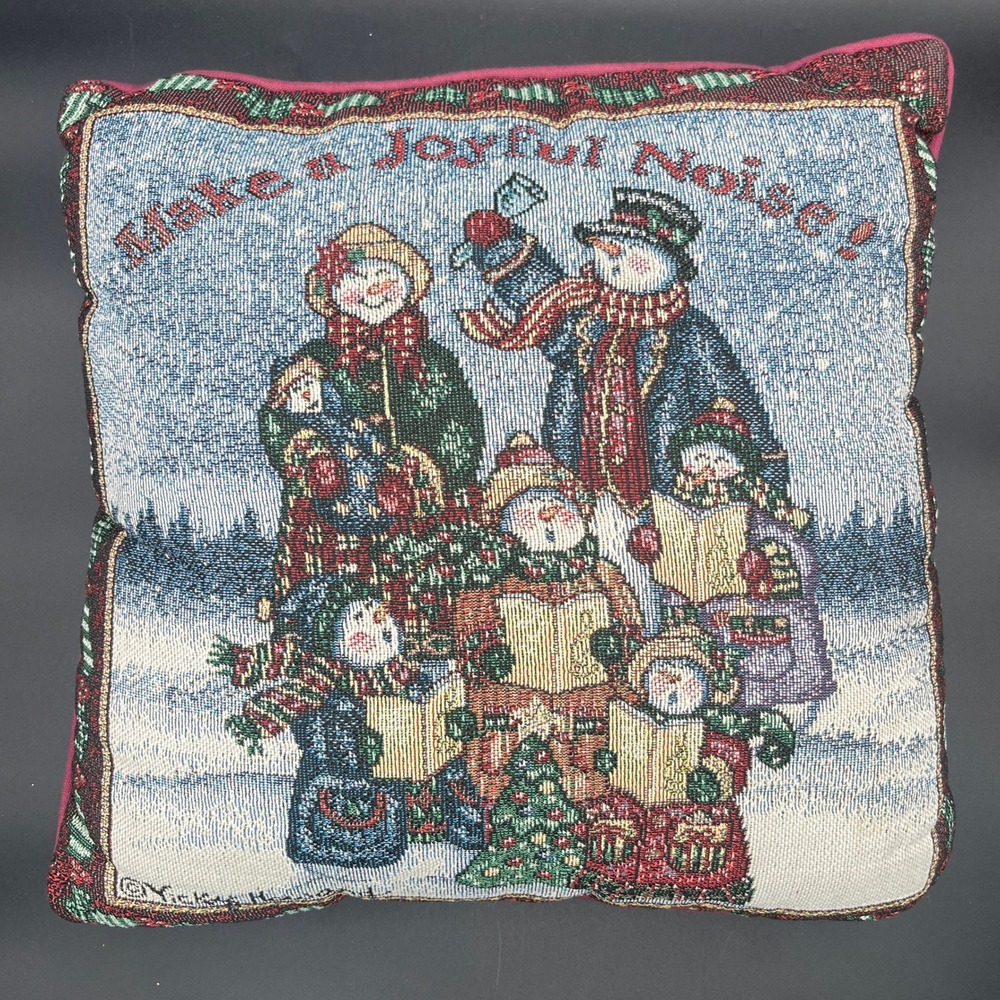 Vicky Howard Make a Joyful Noise Snowman Tapestry Christmas Pillow 15x15 Red Vtg